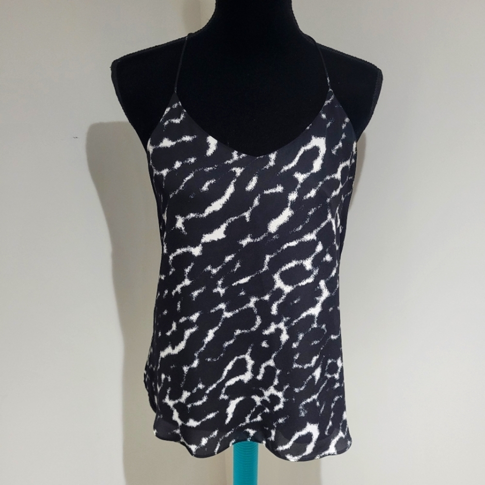 RW&Co Women's Printed Thin Strap Lined Racerback Camisole Small Black White